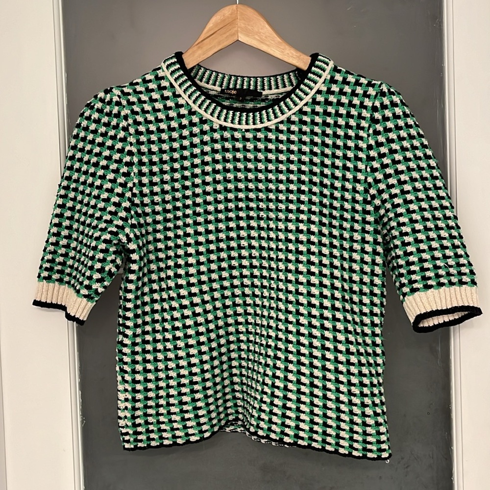 Maje Black and Green Checkered Short Sleeve Top - Picture 4 of 12